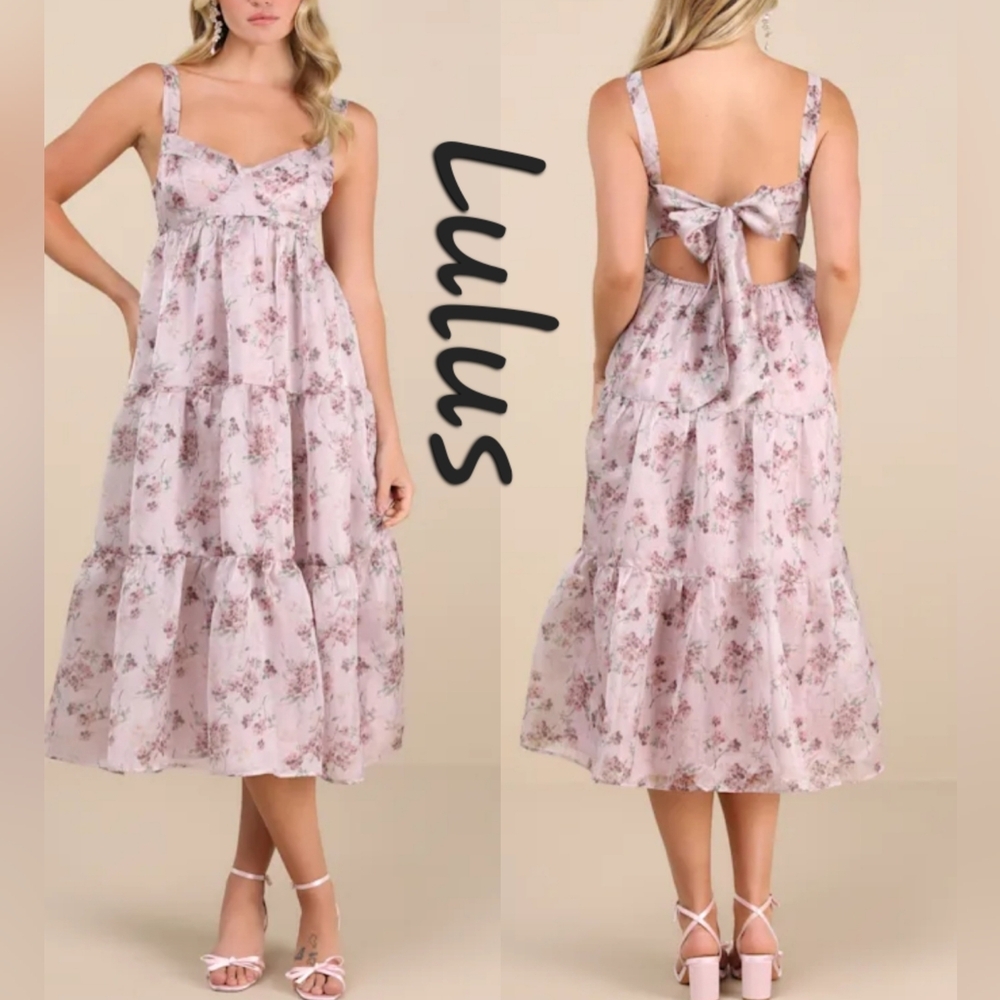 Lulus Marvelously Darling Mauve Floral Tiered Backless Midi Dress Cottagecore S - Picture 1 of 10